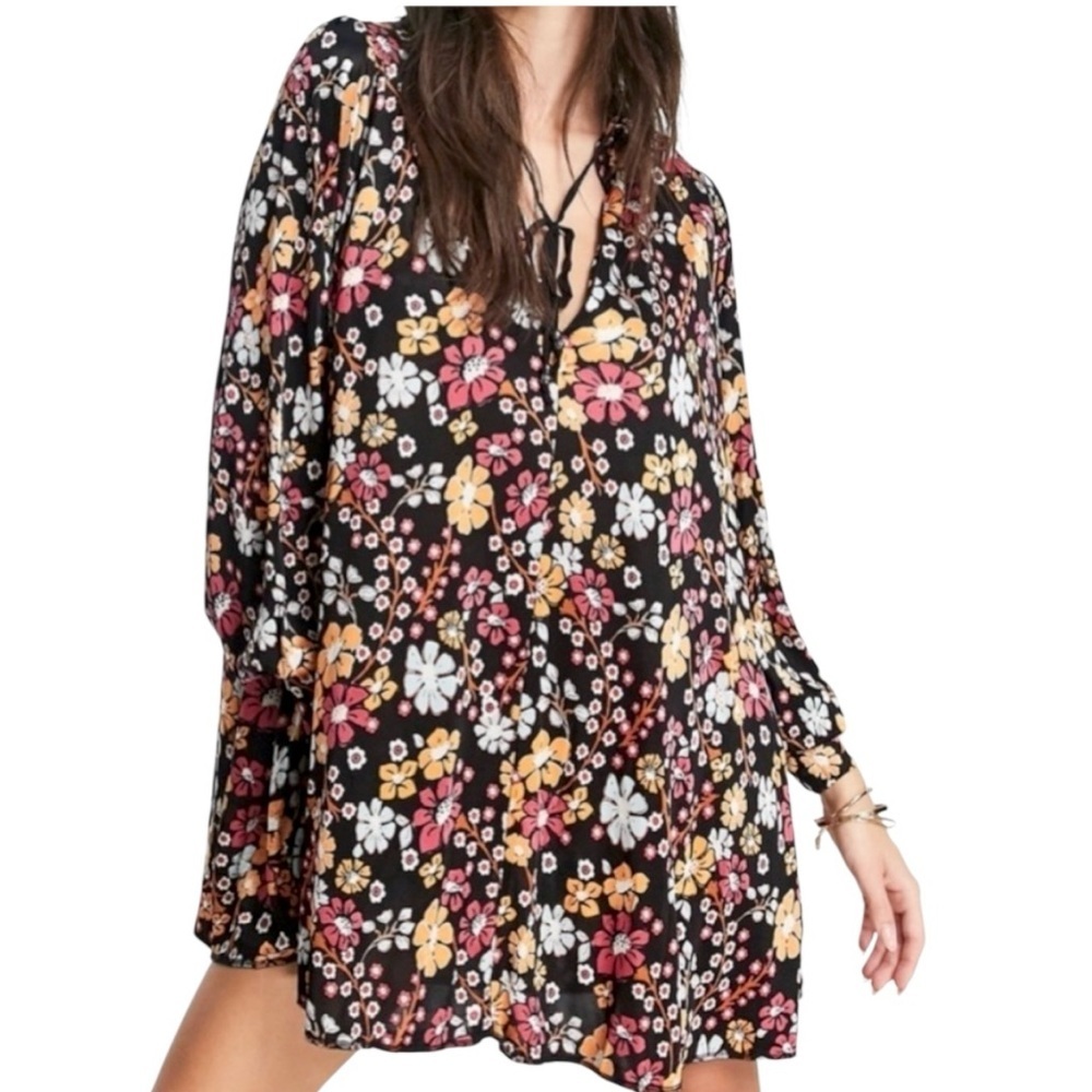 NWT Free People Daisy Jane Black Floral Swing Dress Generous Medium Retail $148